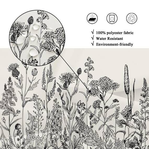 Riyidecor Wild Floral Shower Curtain for Bathroom Decor 72Wx78H Botanical Flower Plant Herbs Tulpe Nature Blossom Wildflower Leaf Sketch Art Printed Fabric Polyester Waterproof 12 Pack Plastic Hooks