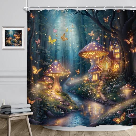 Riyidecor Fantasy-Duschvorhang, 183 x 183 cm, Fee, schöner Garten, Pilz, Wunderland, Holz, Baum, magischer Wald, Schmetterling, Blumenmädchen, Badezimmer, Dekoration, Stoff, Polyester, wasserdicht, 12