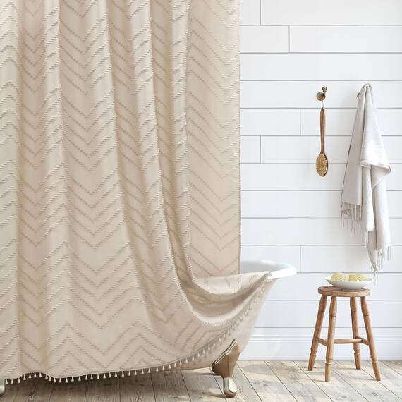 Siiluminisoy Boho Farmhouse Duschvorhang, gewebter Stoff, niedliches Beige, 60 x 72 Zoll (152 x 183 cm), getuftet, Chevron-strukturiert, gestreift, moderner Farmhouse-Minimalismus