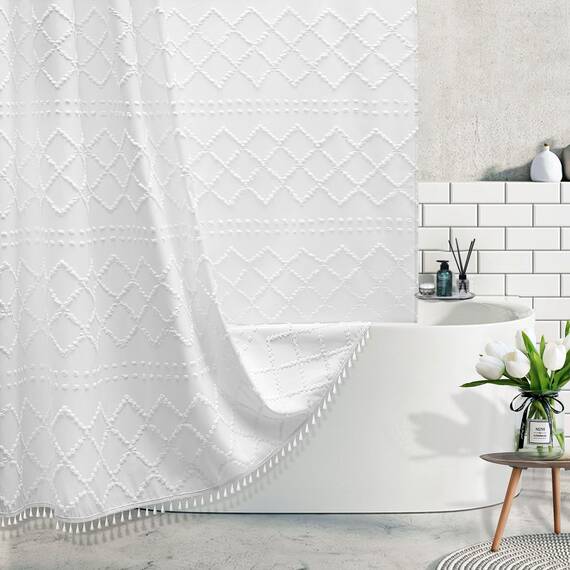 Extra langer weißer strukturierter gewebter Stoff Boho-Duschvorhang mit Quasten, 182,8 x 213,6 cm (72 x 84 Zoll), moderner Landhausstil, minimalistisch, getuftet, Chevron, gestreift, Shabby-Chic