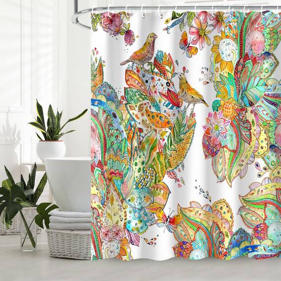 LIVILAN Duschvorhang-Set mit bunten Blumen und Vögeln, mit 12 Haken, Paisleymuster, Duschvorhang aus strapazierfähigem Stoff, Badvorhang, Heimdekoration, Badezimmerzubehör, 183 x 183 cm (B x H)