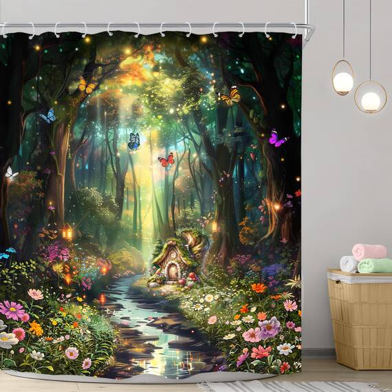 Riyidecor Fantasy-Duschvorhang, 183 x 183 cm (B x H), Fee, schönes Wunderland, Waldbaum, Wildblume, Garten, Schmetterling, Pflanze, Natur, Badezimmer, Dekor, Stoff, Polyester, wasserdicht, 12 Haken
