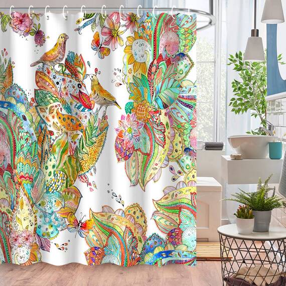 LIVILAN Duschvorhang-Set mit bunten Blumen und Vögeln, mit 12 Haken, Paisleymuster, Duschvorhang aus strapazierfähigem Stoff, Badvorhang, Heimdekoration, Badezimmerzubehör, 183 x 183 cm (B x H)