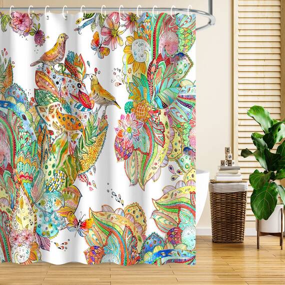LIVILAN Duschvorhang-Set mit bunten Blumen und Vögeln, mit 12 Haken, Paisleymuster, Duschvorhang aus strapazierfähigem Stoff, Badvorhang, Heimdekoration, Badezimmerzubehör, 183 x 183 cm (B x H)
