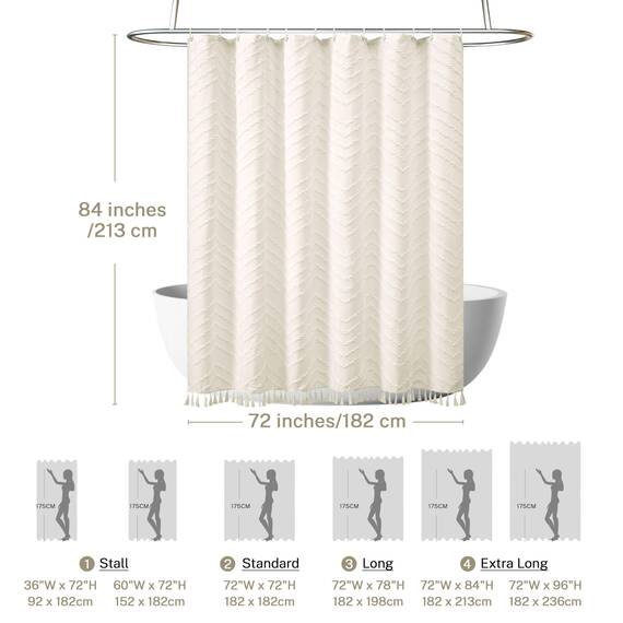 Siiluminisoy Extra Langer Boho-Duschvorhang, gewebter Stoff, 213,4 cm, cremefarben, 183,4 x 213,4 cm, getuftet, Chevron, gestreift, modern, schick, strukturiert, minimalistisch