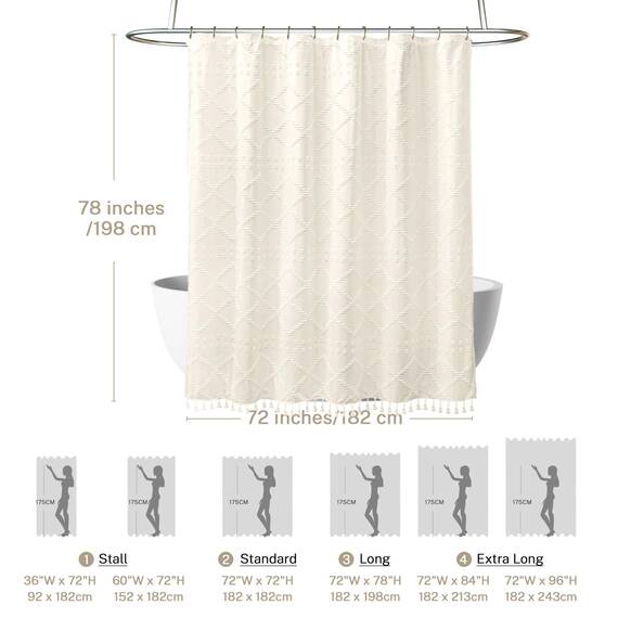 Siiluminisoy Extra langer cremefarbener Boho-Duschvorhang, 183 x 198 cm, getuftet, Chevron, strukturiert, gestreift, modern, Bauernhaus, minimalistisch, gewebter Stoff für Badezimmer