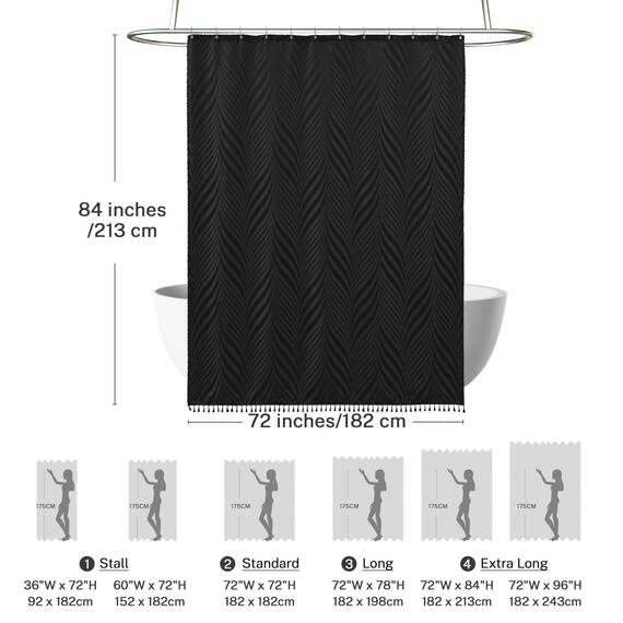 Siiluminisoy Extra langer schwarzer Boho-Duschvorhang aus gewebtem Stoff, niedlich, 213 cm Duschvorhang, 183 x 213 cm, getuftet Blätter-Textur, gestreift, moderner Landhausstil, minimalistischer