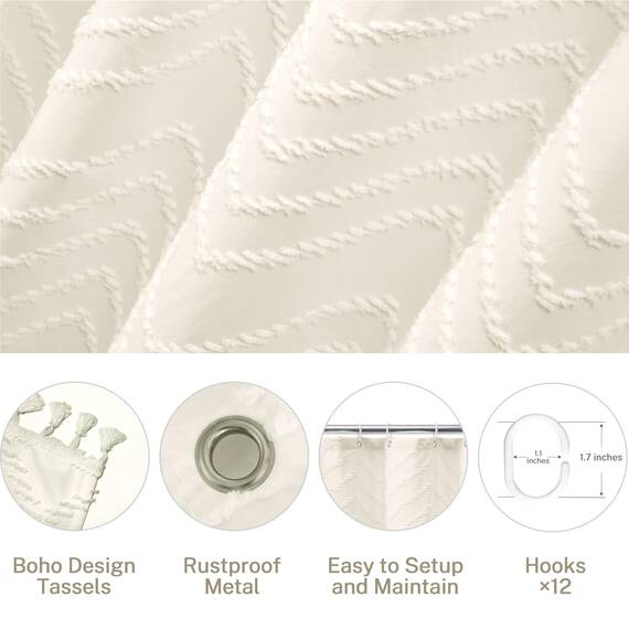 Siiluminisoy Duschvorhang, gewebter Stoff, rustikaler Boho-Stil, moderner minimalistischer Duschvorhang mit Haken, für Badezimmer, strukturiertes Chevron-Muster, gestreift, cremefarben