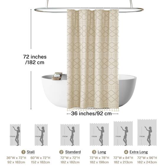 Kleiner Stall Boho Duschvorhang Creme/Beige Quaste Gewebter Stoff Duschvorhang 91,4 x 183,9 cm Halbe Größe Getuftet Chevron Streifen Strukturiert Modern Bauernhaus Minimalistischer Stoff Duschvorhang