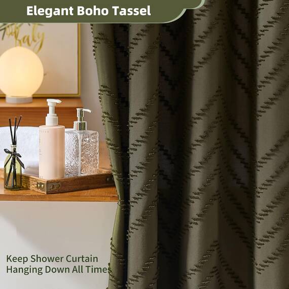 Siiluminisoy Boho-Duschvorhang mit Quaste aus gewebtem Stoff, olivgrün, Duschvorhang 183 x 183 cm (72 x 72 Zoll), moderner Landhausstil, strukturiert, getuftet, Chevron-gestreift, minimalistische