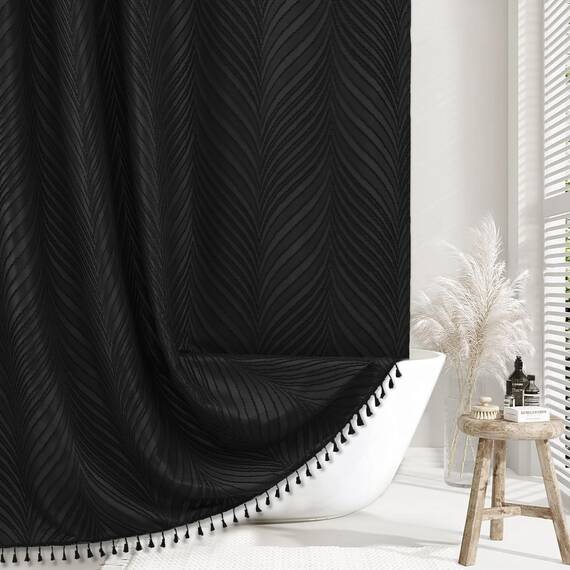 Siiluminisoy Extra langer schwarzer Boho-Duschvorhang aus gewebtem Stoff, niedlich, 213 cm Duschvorhang, 183 x 213 cm, getuftet Blätter-Textur, gestreift, moderner Landhausstil, minimalistischer