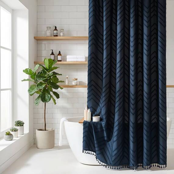 Siiluminisoy Extra langer Boho-Duschvorhang, marineblau, gewebter Stoff, 72 x 96 Zoll (183 x 244 cm), getuftet, gestreift, modern, schick, strukturierter Stoff, Duschvorhänge, minimalistisches
