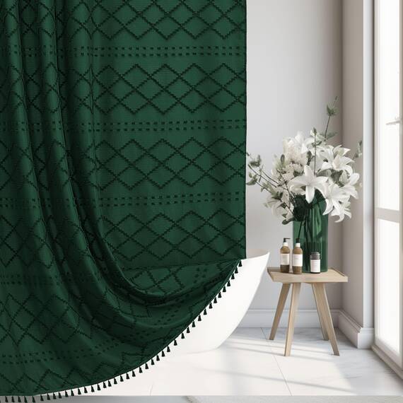 Siiluminisoy Extra langer dunkelgrüner Boho-Duschvorhang, gewebt, niedlich, 213 x 213 cm, getuftet, Chevron, strukturiert, gestreift, modern, Bauernhaus, minimalistischer Stoff, Duschvorhang für