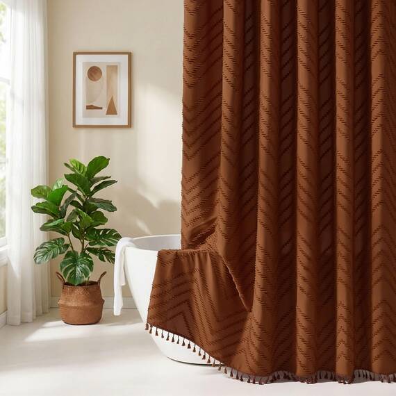 Siiluminisoy Boho-Duschvorhang mit Quaste, gewebter Stoff, Kürbis-Orange, 72 x 72 cm, modernes Bauernhaus, strukturiert, getuftet, Chevron, gestreift, minimalistisch, Badezimmer-Dekor
