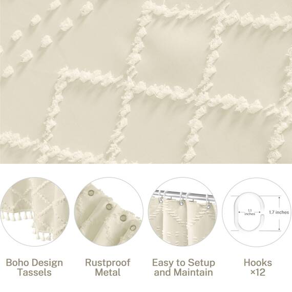Siiluminisoy Extra langer cremefarbener Boho-Duschvorhang, 183 x 198 cm, getuftet, Chevron, strukturiert, gestreift, modern, Bauernhaus, minimalistisch, gewebter Stoff für Badezimmer