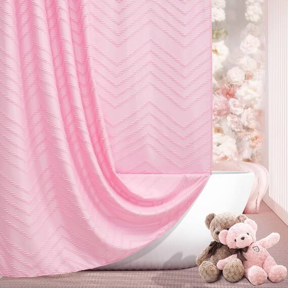 Siiluminisoy Extra langer Boho-Duschvorhang aus gewebtem Stoff, Rosa, 72 x 84 Zoll (183 x 213 cm), getuftet, Chevron-gestreift, modern, schick, strukturiert, minimalistisch