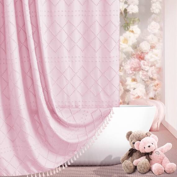 Siiluminisoy Boho Duschvorhang Rosa Gewebter Stoff Süßer Duschvorhang, 183 x 183 cm (72 x 72 Zoll) Gesteppter Chevron Texturierter Gestreifter Moderner Bauernhaus Minimalistischer Stoff Duschvorhang