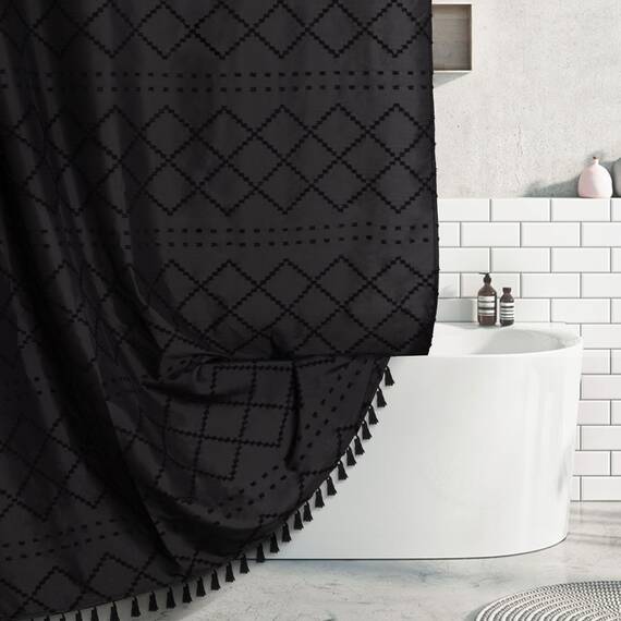 Extra langer Boho-Duschvorhang mit Quasten, 182,8 x 213,6 cm (72 x 84 Zoll), getuftet, Chevron, gestreift, Chenille, gewebter Stoff, Stoff, moderner Landhausstil, minimalistisch, Shabby-Chic-Struktur