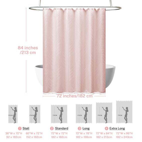 Siiluminisoy 213,4 cm extra langer Duschvorhang, rosa, Boho-Duschvorhang mit Quaste, 72 x 84 cm, getuftete Blätter, strukturiert, gestreift, niedliche Duschvorhänge für Badezimmer