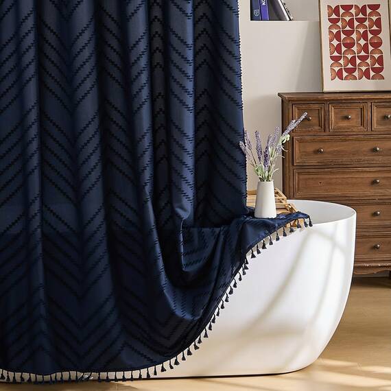Siiluminisoy Extra Lange Duschvorhänge 183 x 213 cm Gestepptes Chevron Marineblau Stoff Duschvorhänge für Badezimmer Modern Shabby Chic Wasserdicht Tuch Duschvorhang