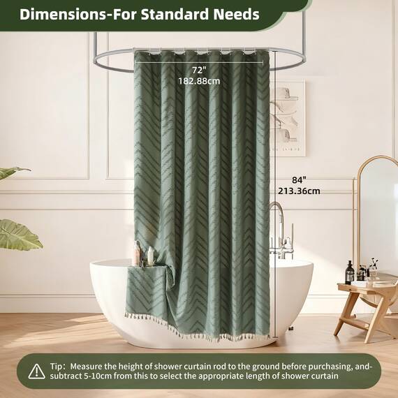 Siiluminisoy Extra Langer Salbeigrüner Boho-Duschvorhang mit Quaste, Gewebter Stoff 213 cm Duschvorhang, Gestepptes Chevron-Streifenmuster, 183 x 213, Moderner Schicker Texturierter Minimalistischer