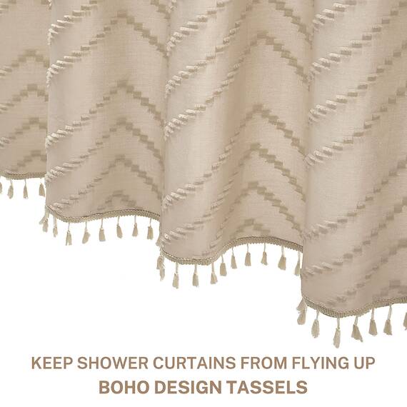 Siiluminisoy Extra Lange Bauernhaus Boho Chevron Duschvorhang, Gewebter Stoff 243,9 cm Beige Duschvorhang, 182,9 x 243,9, Gefranster Gestreifter, Moderner Schicker Strukturierter Duschvorhang-Set