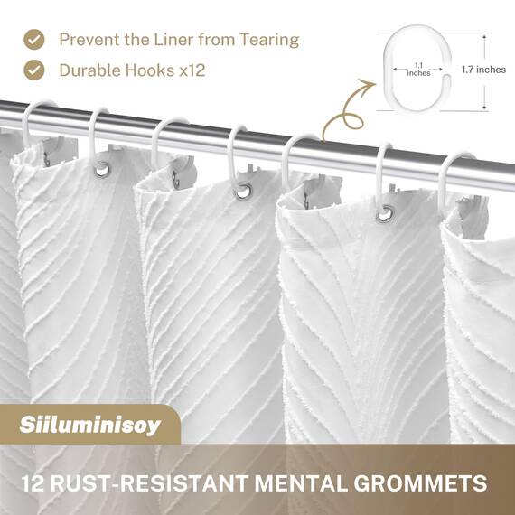 Siiluminisoy Extra langer weißer Boho-Duschvorhang, gewebter Stoff, niedlich, 213,3 cm, getuftete Blätter, strukturiert, gestreift, modern, Bauernhaus, minimalistisches Tuch für Badezimmer