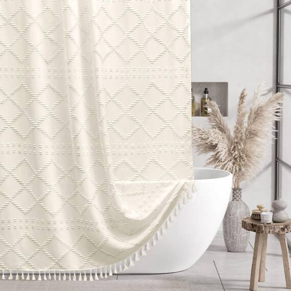Siiluminisoy Extra langer cremefarbener Boho-Duschvorhang, 183 x 198 cm, getuftet, Chevron, strukturiert, gestreift, modern, Bauernhaus, minimalistisch, gewebter Stoff für Badezimmer