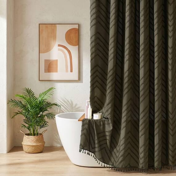Siiluminisoy Boho-Duschvorhang mit Quaste aus gewebtem Stoff, olivgrün, Duschvorhang 183 x 183 cm (72 x 72 Zoll), moderner Landhausstil, strukturiert, getuftet, Chevron-gestreift, minimalistische