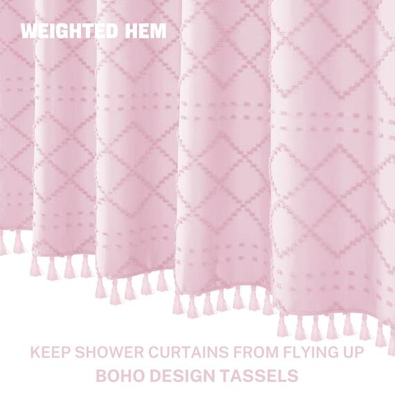Siiluminisoy Boho Duschvorhang Rosa Gewebter Stoff Süßer Duschvorhang, 183 x 183 cm (72 x 72 Zoll) Gesteppter Chevron Texturierter Gestreifter Moderner Bauernhaus Minimalistischer Stoff Duschvorhang