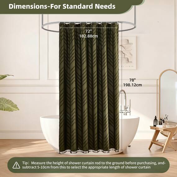 Siiluminisoy Boho Extra Langer Olivgrüner Duschvorhang mit Quaste, Gewebter Stoff, Getuftet Chevron Gestreift, 183 x 198 cm (72 x 78 Zoll), Modern Chic Strukturiert Minimalistisch