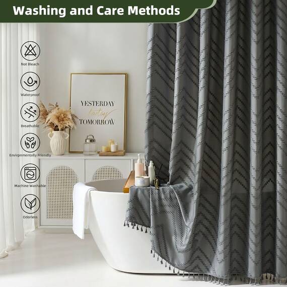 Siiluminisoy Extra langer grauer Boho-Duschvorhang mit Quaste, gewebter Stoff, 243,8 cm, getufteter Chevron-Streifen, 183,8 x 244,8 cm, modern, schick, strukturiert, minimalistisch, Badezimmer-Dusche