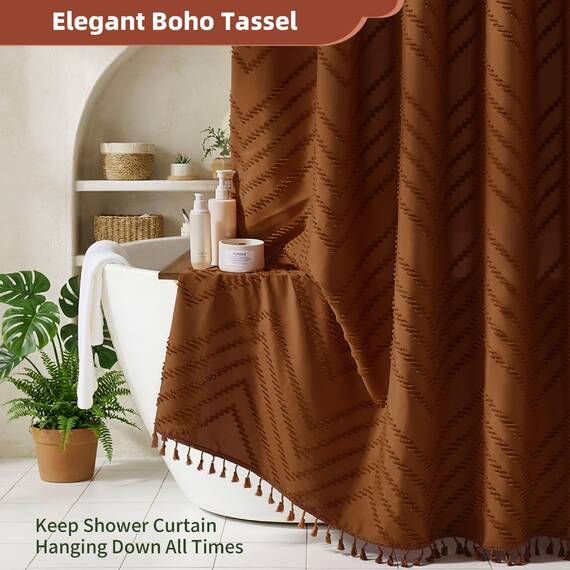Siiluminisoy Boho-Duschvorhang mit Quaste, gewebter Stoff, Kürbis-Orange, 72 x 72 cm, modernes Bauernhaus, strukturiert, getuftet, Chevron, gestreift, minimalistisch, Badezimmer-Dekor