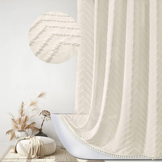 Siiluminisoy Extra Langer Boho-Duschvorhang, gewebter Stoff, 213,4 cm, cremefarben, 183,4 x 213,4 cm, getuftet, Chevron, gestreift, modern, schick, strukturiert, minimalistisch