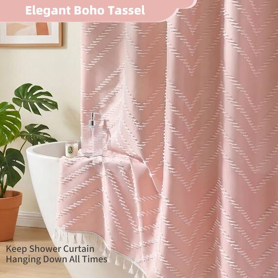 Siiluminisoy Extra Langer rosafarbener Boho-Duschvorhang mit weißer Quaste, gewebter Stoff, 244 cm, getufteter Chevron-Streifen, 183 x 244 cm, modern, schick, strukturiert, minimalistisch, niedlich