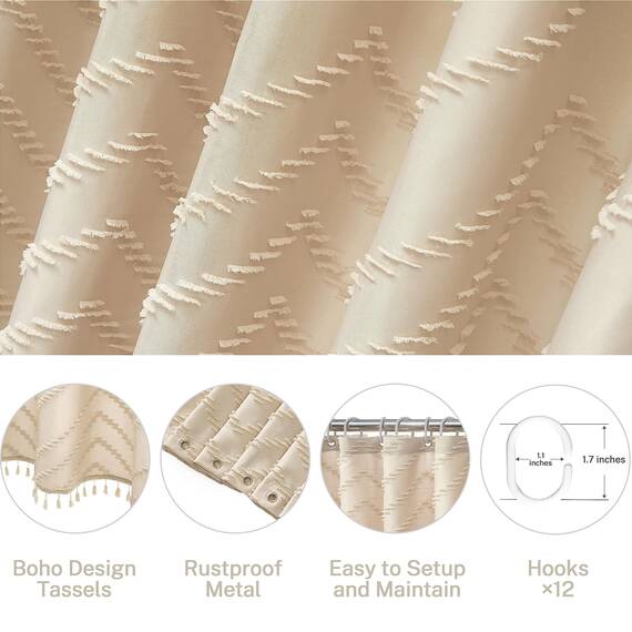 Siiluminisoy Extra Lange Bauernhaus Boho Chevron Duschvorhang, Gewebter Stoff 243,9 cm Beige Duschvorhang, 182,9 x 243,9, Gefranster Gestreifter, Moderner Schicker Strukturierter Duschvorhang-Set