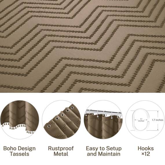 Siiluminisoy Extra langer Boho-Duschvorhang, gewebter Stoff, 213,4 cm, Khaki, 183,4 x 213,4 cm, getuftet, Chevron, gestreift, modern, schick, strukturiert, minimalistisch, Badezimmer-Duschvorhang