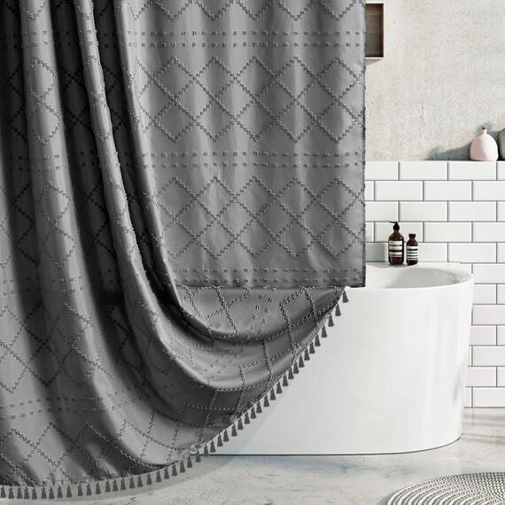 Boho Duschvorhang aus gewebtem Stoff, 183 x 183 cm, getuftet, Chevron-Streifen, Shabby-Chic-Stil, strukturiert, modernes Bauernhaus, minimalistisch, wasserabweisend, Vorhang-Set für Badezimmer,