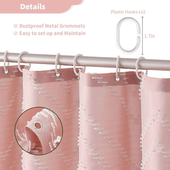 Extra langer rosa Boho-Duschvorhang mit weißer Quaste, gewebter Stoff, 213,4 cm, getufteter Chevron-Streifen, 72 x 84, modern, schick, strukturiert, minimalistisch, niedlicher Duschvorhang für
