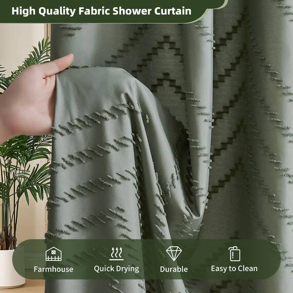 Siiluminisoy Extra Langer Salbeigrüner Boho-Duschvorhang mit Quaste, Gewebter Stoff 213 cm Duschvorhang, Gestepptes Chevron-Streifenmuster, 183 x 213, Moderner Schicker Texturierter Minimalistischer