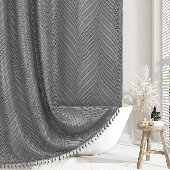 Siiluminisoy Grauer Boho-Duschvorhang aus gewebtem Stoff, 183 x 183 cm, getuftete Blätter, strukturiert, gestreift, modern, Bauernhaus, minimalistischer Stoffvorhang für Badezimmer