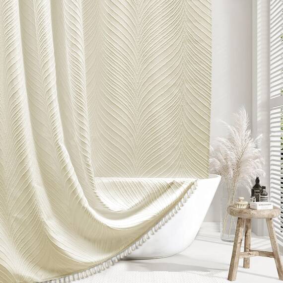 Siiluminisoy Extra Langer Boho-Duschvorhang, gewebter Stoff, 183 x 213 cm, getuftete Blätter, strukturiert, gestreift, modern, Bauernhaus, minimalistisches Tuch für Badezimmer