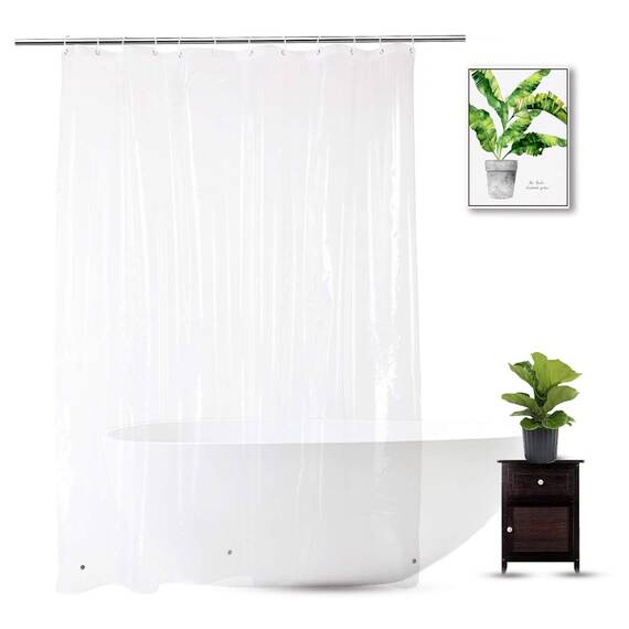 WellColor Transparenter Duschvorhang, 182,9 x 190,5 cm, PEVA, strapazierfähig, mit 3 Gewichten, transparent, 100% wasserdicht
