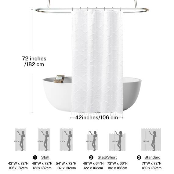 Extra langer weißer strukturierter gewebter Stoff Boho-Duschvorhang mit Quasten, 106,6 x 167,6 cm (42 x 72 Zoll), moderner Landhausstil, minimalistisch, getuftet, Chevron, gestreift, Shabby-Chic