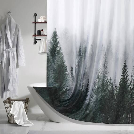 ORTIGIA Duschvorhang, Motiv: Nebelwald, Natur, Wald, Fantasie, Nebel, magischer Baum, Badvorhang für Badezimmer, Herbst-Duschvorhang, wasserdichter Polyester-Stoff, 183 cm B x L mit Haken
