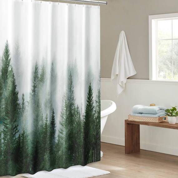 ORTIGIA Duschvorhang für Badezimmer, Naturwald, Duschvorhang-Set mit Haken, dekorativer Kiefernbaum, Nebel, magischer Badvorhang, wasserdichter Stoff, gewichtet, 183 x 213 cm, Grün