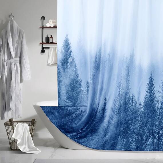ORTIGIA Duschvorhang für Badezimmer, Naturwald, Duschvorhang-Set mit Haken, dekorativer Kiefernbaum, Nebel, magischer Badvorhang, wasserdichter Stoff, gewichtet, 183 x 213 cm, Blau