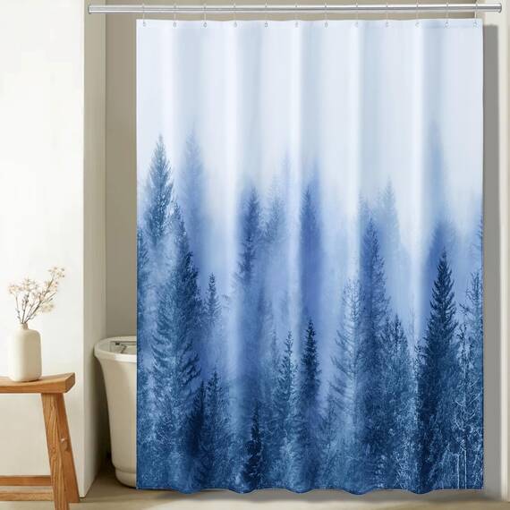 ORTIGIA Duschvorhang für Badezimmer, Naturwald, Duschvorhang-Set mit Haken, dekorativer Kiefernbaum, Nebel, magischer Badvorhang, wasserdichter Stoff, gewichtet, 183 x 213 cm, Blau