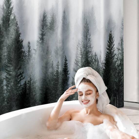 ORTIGIA Duschvorhang, Motiv: Nebelwald, Natur, Wald, Fantasie, Nebel, magischer Baum, Badvorhang für Badezimmer, Herbst-Duschvorhang, wasserdichter Polyester-Stoff, 183 cm B x L mit Haken
