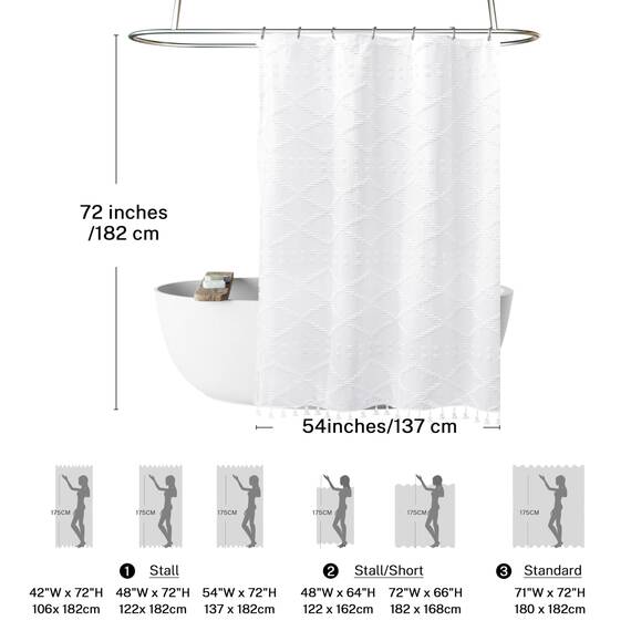 Extra langer weißer strukturierter gewebter Stoff Boho-Duschvorhang mit Quasten, 137 x 182,8 cm (54 x 72 Zoll), moderner Landhausstil, minimalistisch, getuftet, Chevron, gestreift, Shabby-Chic